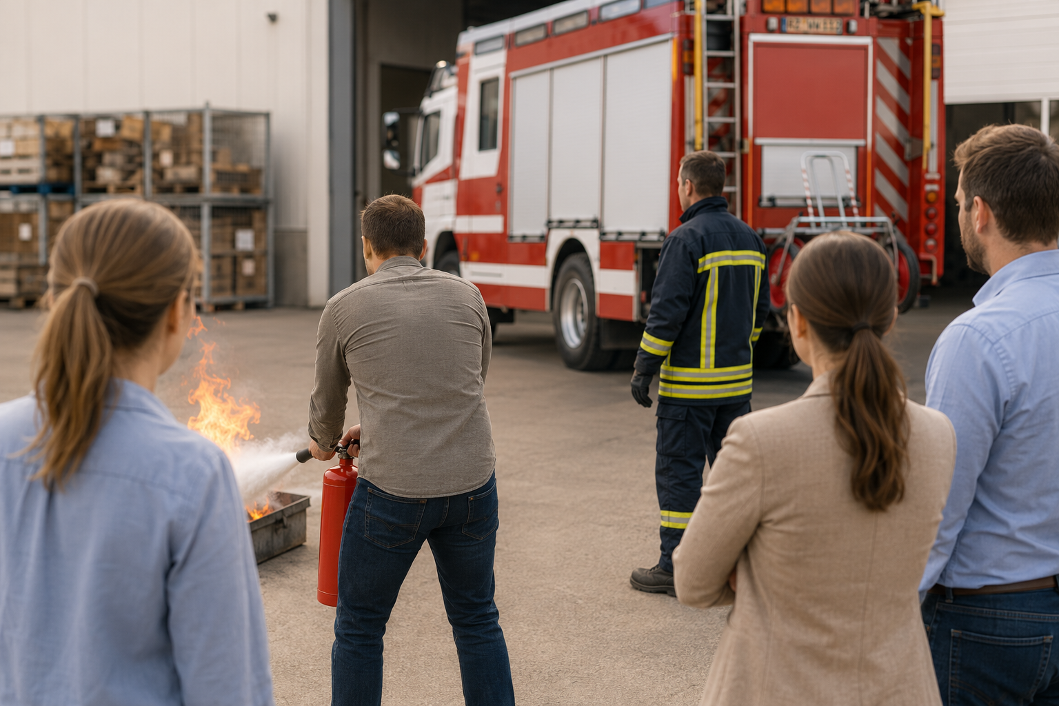 Brandschutzerziehung für Firmen – Feuerlöscher-Übung Feuerwehrkraft zeigt Mitarbeitenden eines Betriebs den Umgang mit einem Feuerlöscher
