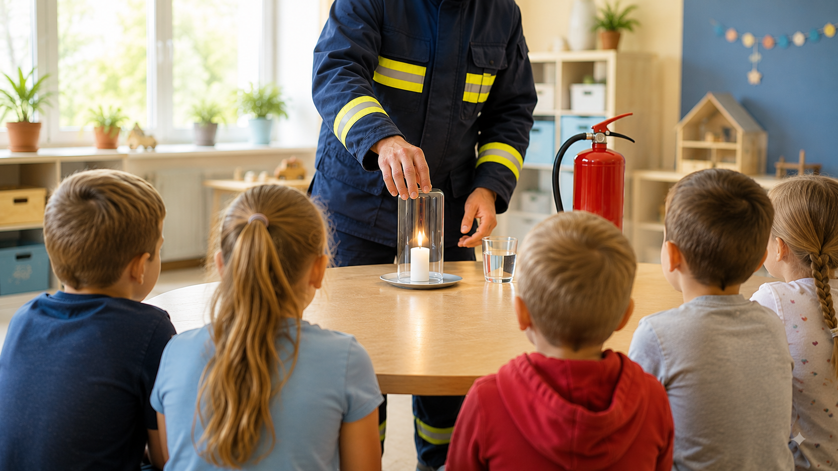 Brandschutzerziehung – Experiment mit einer Kerze Kinder von hinten an einem Tisch, im Hintergrund führt eine Einsatzkraft ein Experiment mit einer Kerze vor